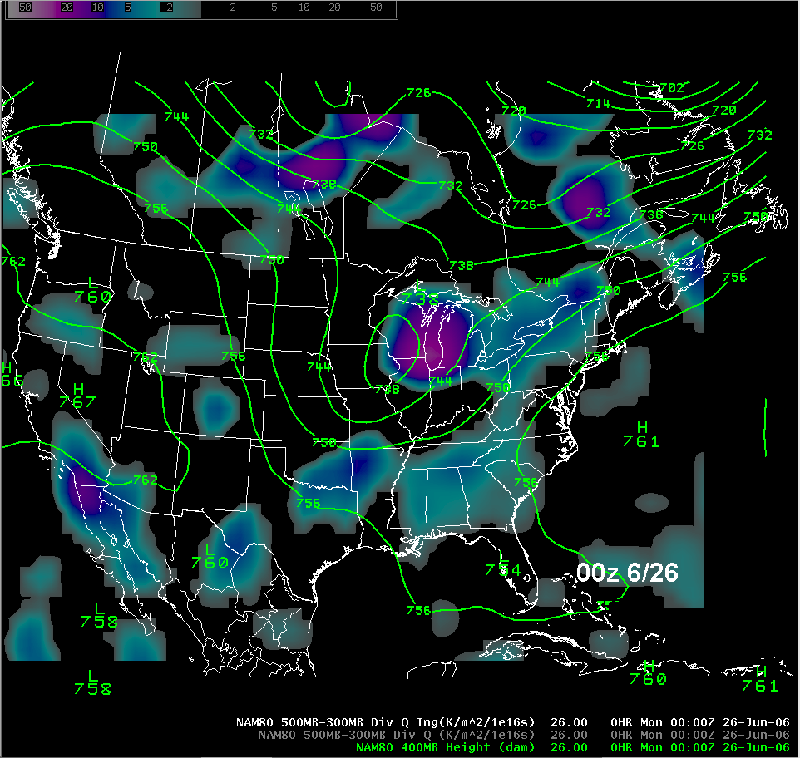 400 mb heights and 500-300 div Q 6/26 to 6/28