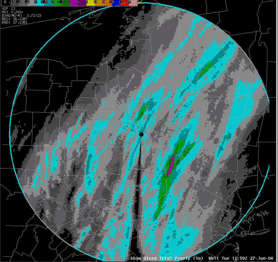 Radar estimated precipitation from the afternoon of 6/26 through 9 AM on 6/27.