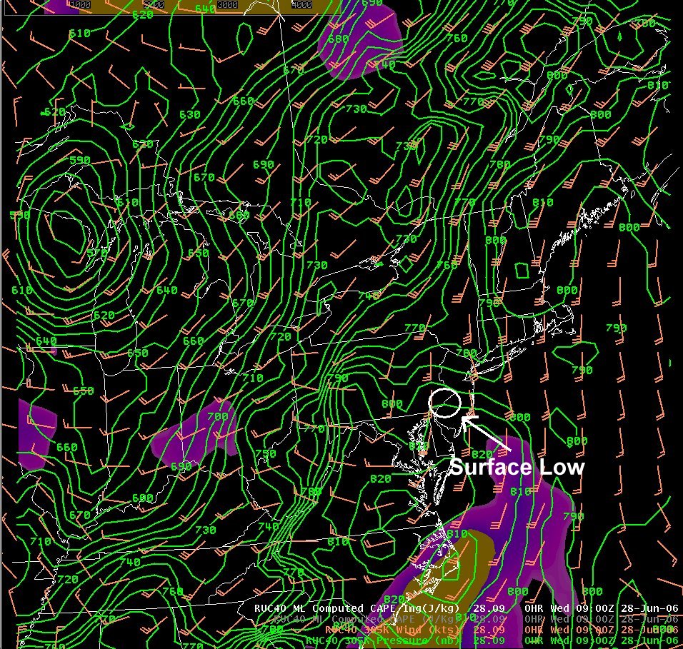 RUC 305 K pressure, wind and mixed layer CAPE valid 6/28 09z