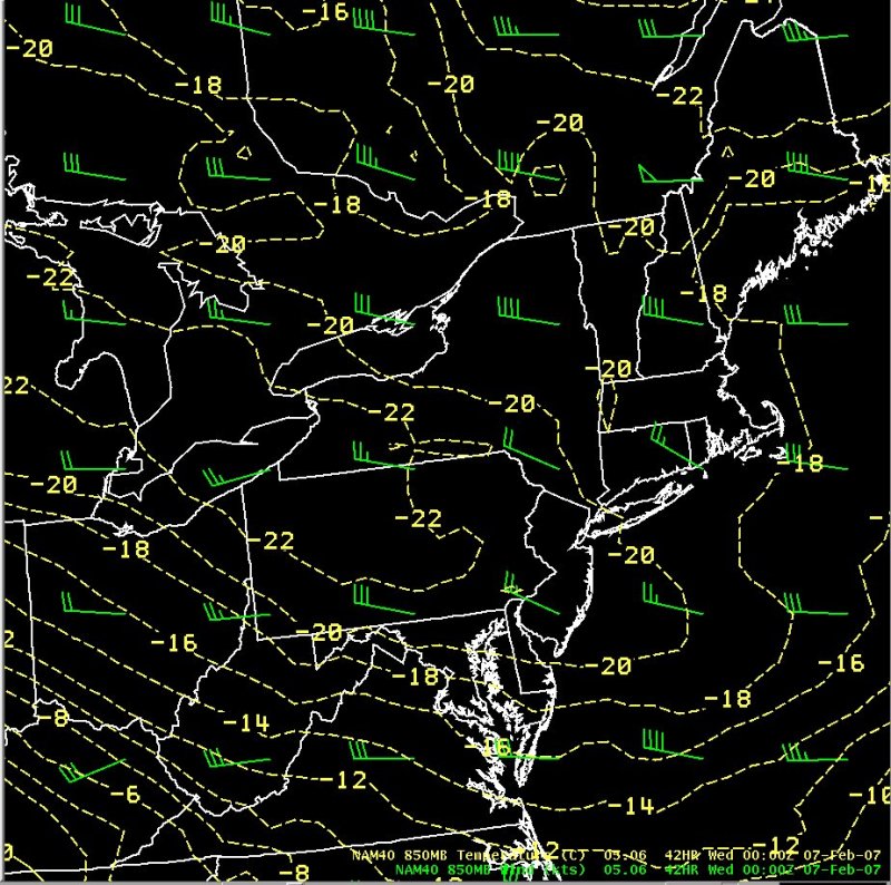 At 850 mb, a west-northwest flow was forecast, with temperatures around -20 degrees C.