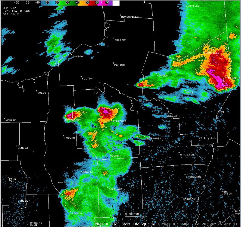 Click on image to toggle between base reflectivty and storm total rainfall.